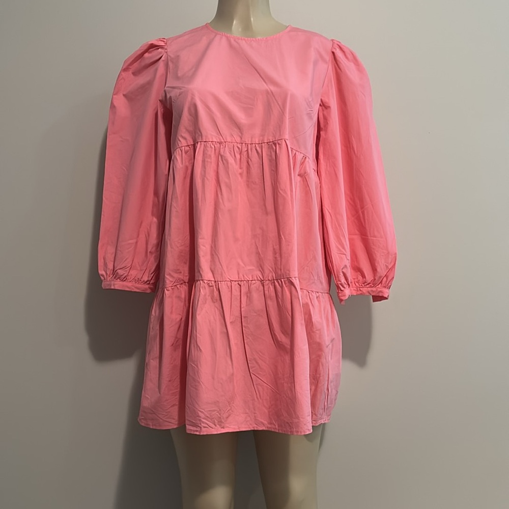 KARLIE: SOLID POPLIN LONG SLEEVE TIER DRESS - PINK size M - Picture 3 of 7